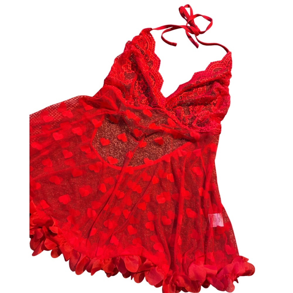 Red Heart Print Lace Halter Babydoll Chemise Lingerie 2XL summer romantic whimsy